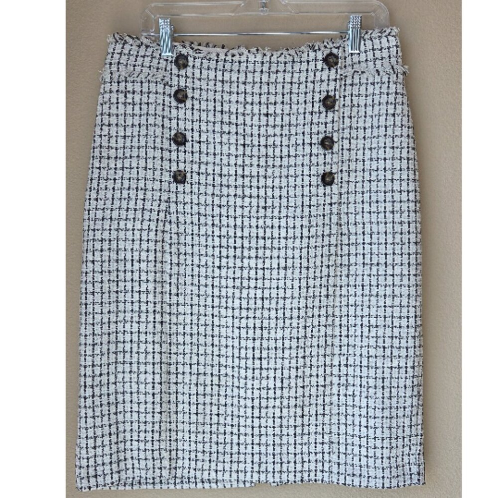 Ann Taylor Tweed Pencil Skirt Black White Nautical Button Detail Career Chic